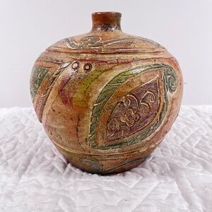 VTG Handmade Decorative Ceramic Vase in Orange and Green
